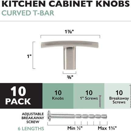 Satin Nickel Kitchen Cabinet Knobs, 10 Pack - Curved T-Knob Drawer Pull Handle Hardware