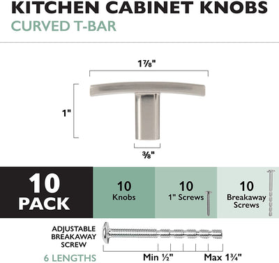 Satin Nickel Kitchen Cabinet Knobs, 10 Pack - Curved T-Knob Drawer Pull Handle Hardware