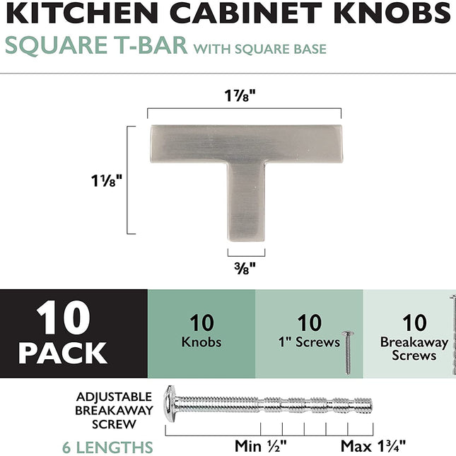 Satin Nickel Kitchen Cabinet Knobs, 10 Pack - Modern Square T-Knob Pull Handle
