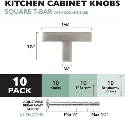 Satin Nickel Kitchen Cabinet Knobs, 10 Pack - Modern Square T-Knob Pull Handle