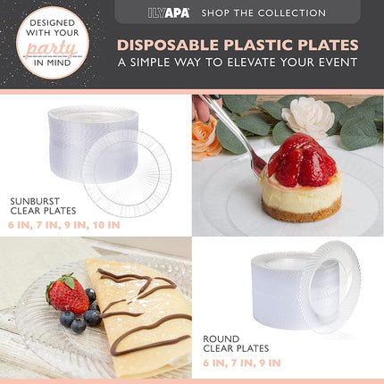 Ilyapa 100 Fancy Clear Plastic Plates, 7 Inch - Premuim Disposable Plastics for Party or Wedding