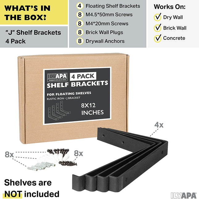 Heavy Duty Steel Floating Shelf Brackets, J Bracket with Lip- Farmhouse Rustic Iron Matte Finish - 4 Pack of 8 x 11.25 Inch Industrial Metal Shelf Holders, Joint Angle Brackets for Wall Mount Shelves