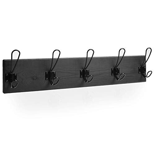 Ilyapa Wooden Coat Rack Wall Mount - Black Wood Hat Hanger with 5 Metal Hooks
