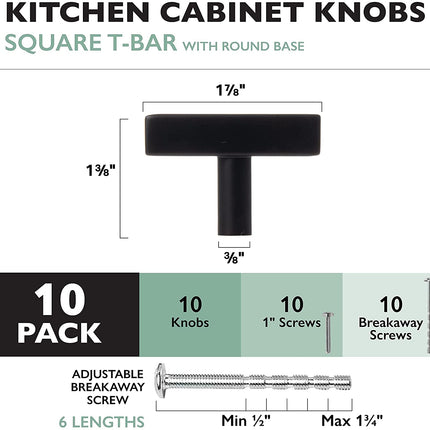 Black Kitchen Cabinet Knobs, 10 Pack - Square T-Knob Drawer Pull Handle Hardware