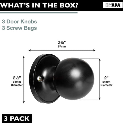 Ilyapa Half Dummy Door Knob - Ball, Matte Black 3 Pack