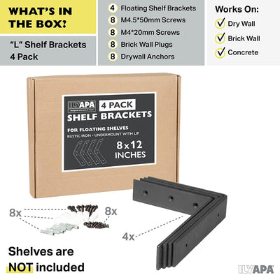 Heavy Duty Floating Shelf Brackets, 4 Pack - 8x12 Inch Black Metal Shelf Holders