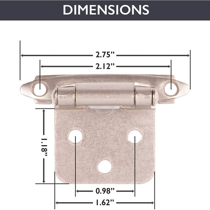 Self Closing Cabinet Hinges Satin Nickel, 50 Pack - Variable Overlay Flush Kitchen Cabinet Door Hinge Hardware