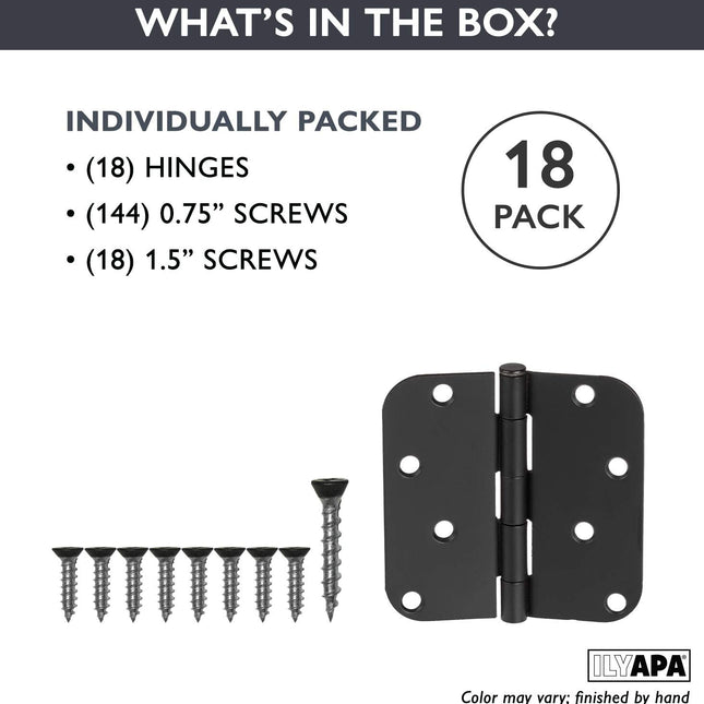 18 Pack of Door Hinges Black - 4x4 Inch Interior Hinges for Doors with 5/8" Radius Corners