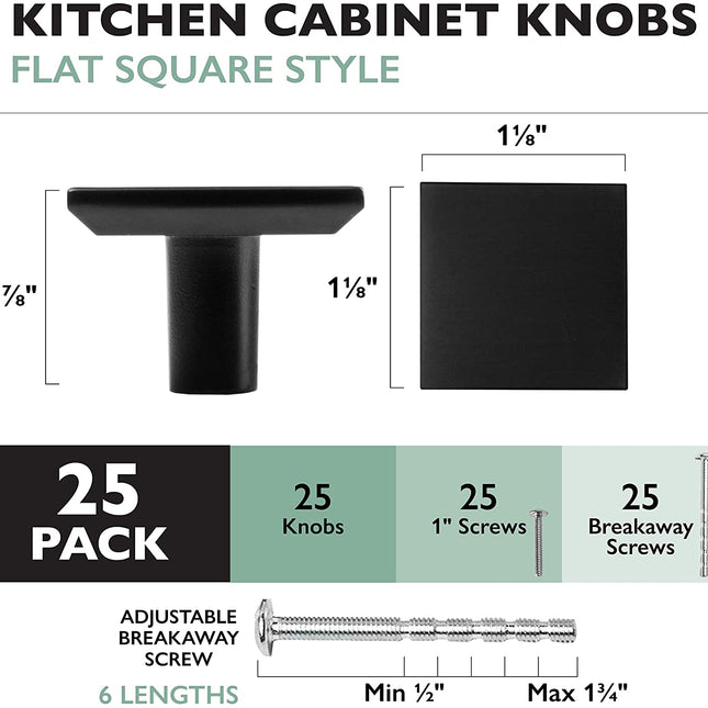 Ilyapa Flat Black Kitchen Cabinet Knobs - Square Drawer Handles - 25 Pack of Kitchen Cabinet Hardware