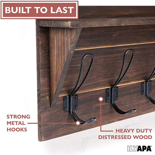 Wall Mounted Coat Rack with Shelf - 16 Inch Rustic Wooden 4 Hook Coat Hanger Rail, Espresso Distressed Wood, Black Metal Hooks