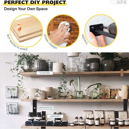 Heavy Duty Steel Concealed Floating Shelf Brackets 4 Pack of 8 Inch Blind Shelf Supports with 1.5" x 2" Square Base - Farmhouse Rustic Iron Finish Industrial Metal Shelf Holders, Hidden Shelf Brackets