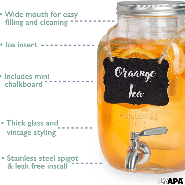 Outdoor Glass Beverage Dispenser with Stainless Steel Spigot, Ice Cylinder & Hanging Chalkboard - 1 Gallon Drink Dispenser for Lemonade, Tea, Cold Water & More