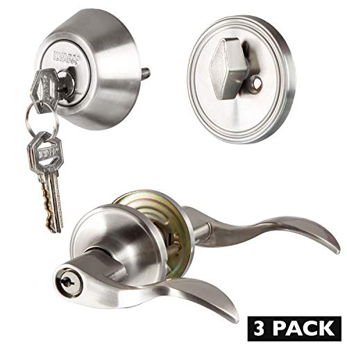 Entry Door Handle and Deadbolt Lock Set, 3 Pack - Satin Nickel Lever