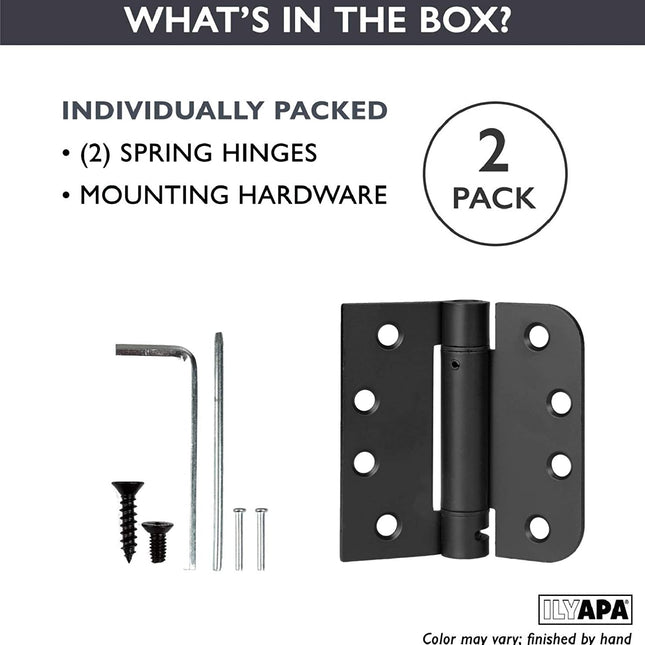 2 Pack of Self Closing Door Hinges Black - 4 x 4 Inch Interior Hinges for Doors with Square Corners 5/8" Radius
