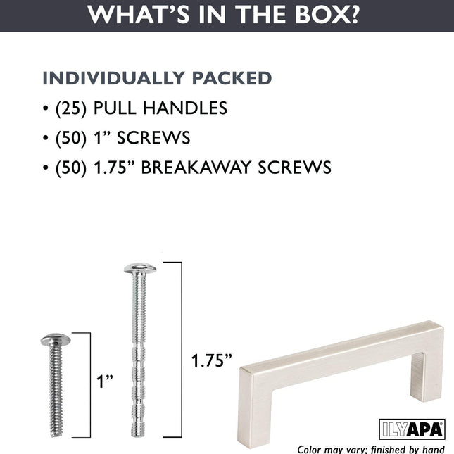 Satin Nickle Cabinet Handles - 3 Inch Hole Center Modern Squared Drawer Pulls - 25 Pack of Kitchen Cabinet Hardware