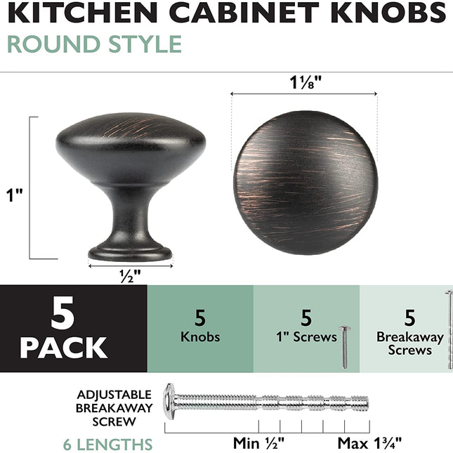 Ilyapa Oil Rubbed Bronze Kitchen Cabinet Knobs - 5 Pack of Round Drawer Handles