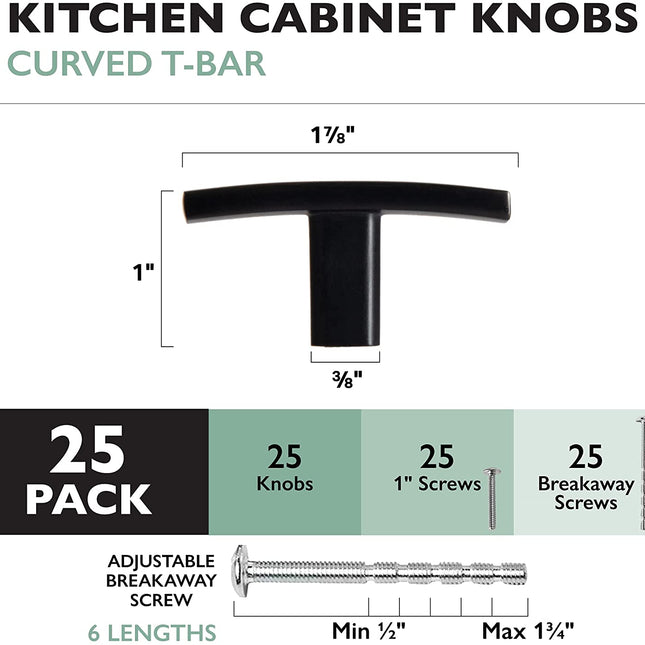 Oil Rubbed Bronze Kitchen Cabinet Knobs, 25 Pack - Curved T-Knob Drawer Pull Handle Hardware