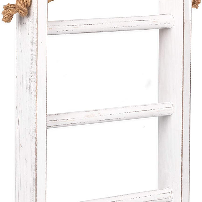 Ilyapa Ladder Towel Rack with Rope for Bathroom - Weathered White Wood Hanging Rustic Home Decor