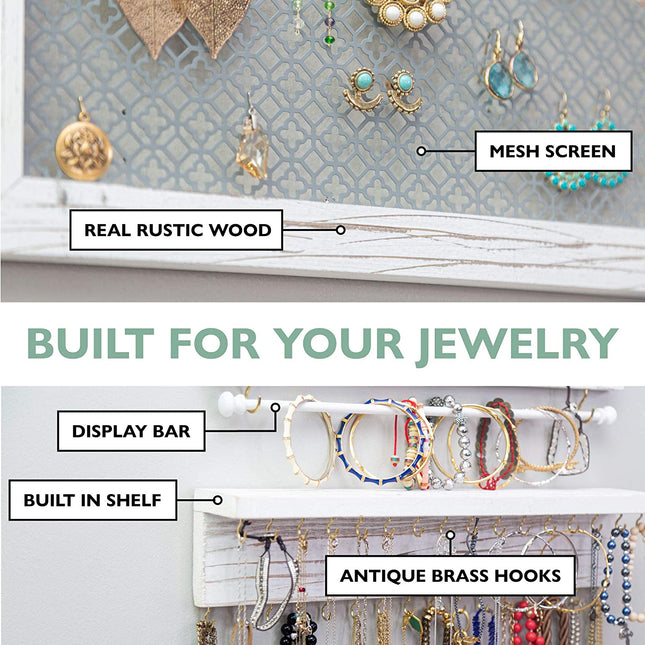 Ilyapa Wall Mounted 3 Piece Jewelry Organizer with Shelf - Rustic White Wood