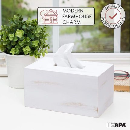 Ilyapa Wood Tissue Box Cover, 2 Pack Rectangular - Rustic Farmhouse White Wooden Tissue Holders