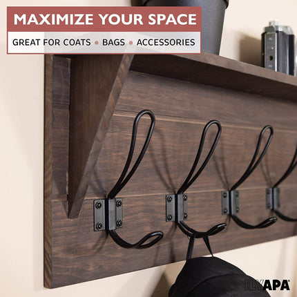 Wall Mounted Coat Rack with Shelf - 27 Inch Rustic Wooden 6 Hook Coat Hanger Rail, Espresso Wood, Black Metal Hooks