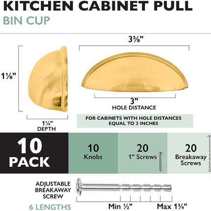 Ilyapa Brushed Gold Kitchen Cabinet Pulls - 3 Inch Hole Center Bin Cup Drawer Handles - 10 Pack of Kitchen Cabinet Hardware