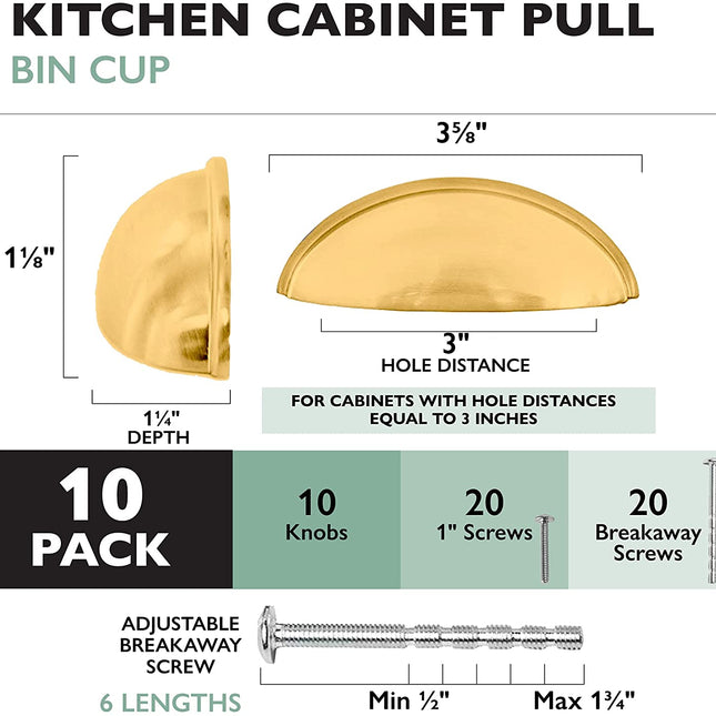 Ilyapa Brushed Gold Kitchen Cabinet Pulls - 3 Inch Hole Center Bin Cup Drawer Handles - 10 Pack of Kitchen Cabinet Hardware