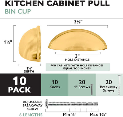 Ilyapa Brushed Gold Kitchen Cabinet Pulls - 3 Inch Hole Center Bin Cup Drawer Handles - 10 Pack of Kitchen Cabinet Hardware