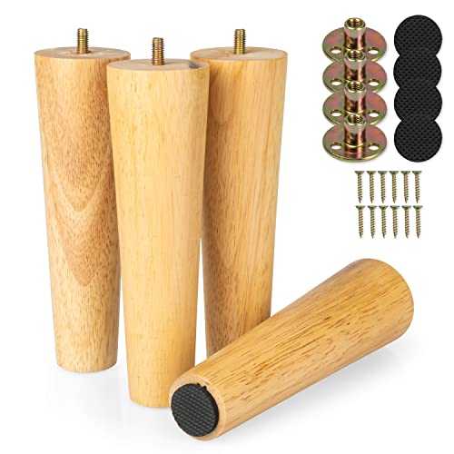 Ilyapa Wooden Furniture Feet - Set of 4 Natural Rubber Wood 8 Inch Tapered Replacement Furniture Leg for Sofas, Chairs, Loveseats, Ottoman, Dressers, End Tables