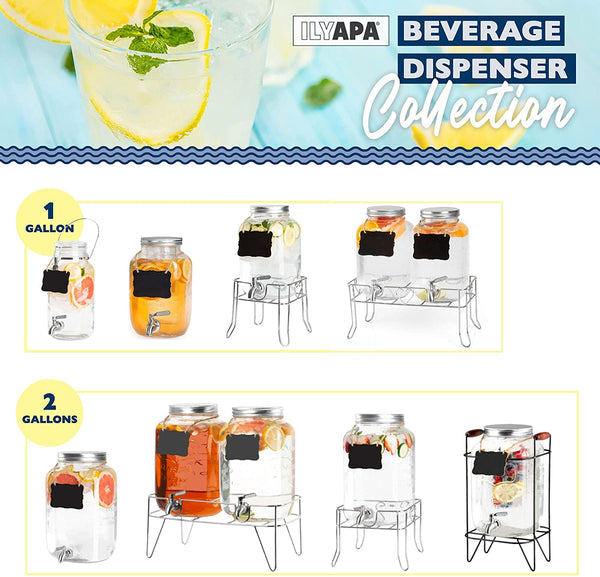 Ilyapa Outdoor Glass Beverage Dispenser 2 Pack with Sturdy Metal Base,  Hanging Chalkboards & Stainless Steel Spigots - 1 Gallon Double Drink