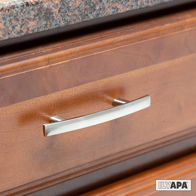 Satin Nickel Kitchen Cabinet Pulls - 3 Inch Hole Center Curved Pull Handle Bar - 10 Pack of Kitchen Cabinet Hardware