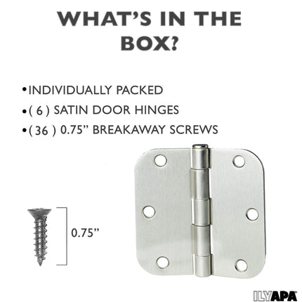6 Pack of Door Hinges Satin Nickel - 3.5 x 3.5 Inch Interior Hinges for Doors Brushed Nickel with 5/8 Inch Radius Corners