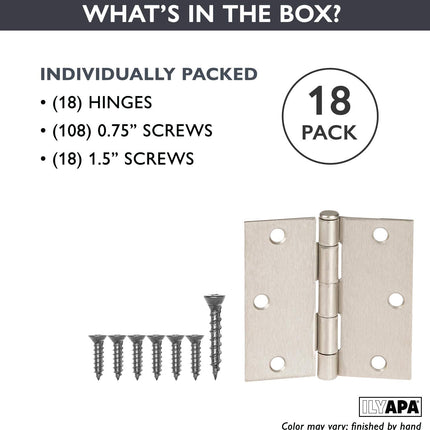 18 Pack of Door Hinges Satin Nickel - 3 ¬¨Œ© x 3 ¬¨Œ© Inch Square Interior Hinges for Doors