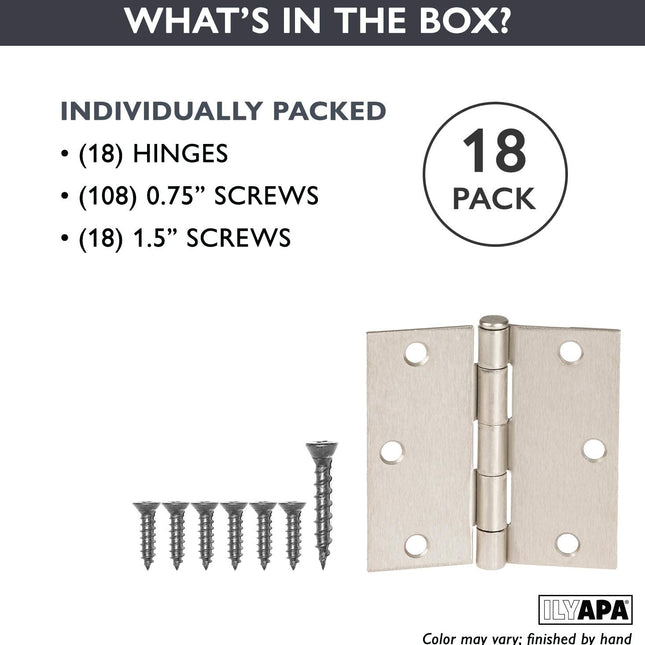 18 Pack of Door Hinges Satin Nickel - 3 ¬Ω x 3 ¬Ω Inch Square Interior Hinges for Doors