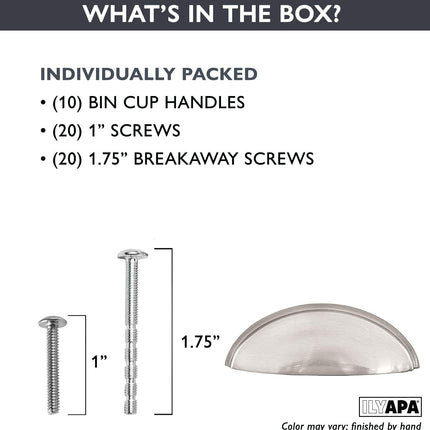 Satin Nickel Kitchen Cabinet Pulls - 3 Inch Hole Center Bin Cup Drawer Handles - 10 Pack of Kitchen Cabinet Hardware - New Design