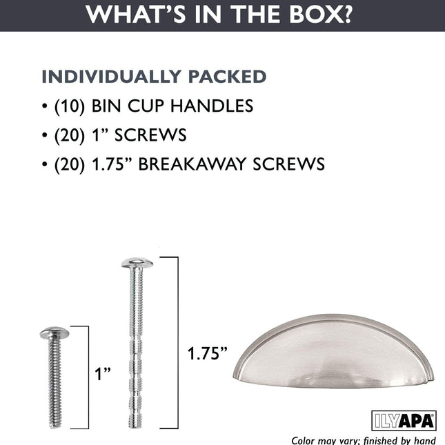 Satin Nickel Kitchen Cabinet Pulls - 3 Inch Hole Center Bin Cup Drawer Handles - 10 Pack of Kitchen Cabinet Hardware - New Design