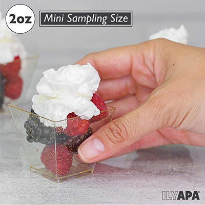 100 Mini Plastic Dessert Cups with Spoons - 2 oz Gold Glitter Dessert Shooters