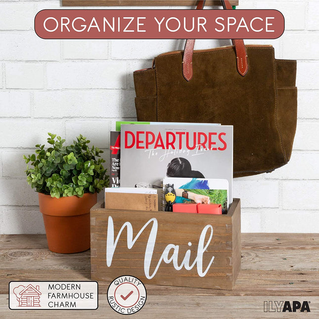 Ilyapa Barnwood Mail Holder for Countertop - Wood Mail Storage Basket for Entryway Table Decor