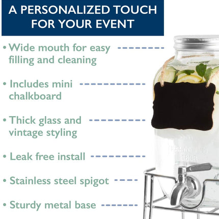 Outdoor Glass Beverage Dispenser with Sturdy Metal Base, Stainless Steel Spigot & Hanging Chalkboard - Drink Dispenser for Lemonade, Tea, Cold Water & More
