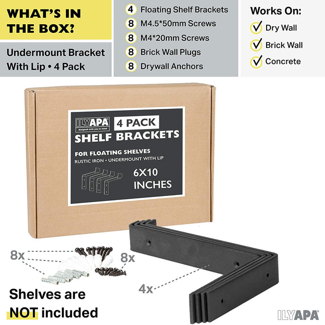 Heavy Duty Steel Floating Shelf Brackets, Undermount Bracket With Lip- Farmhouse Rustic Iron Matte Finish - 4 Pack of 6 x 9.25 Inch Industrial Metal Shelf Holders, Joint Angle Brackets for Wall Shelve