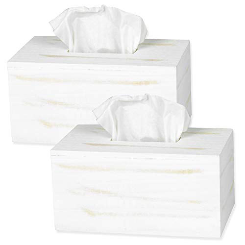 Ilyapa Wood Tissue Box Cover, 2 Pack Rectangular - Rustic Farmhouse White Wooden Tissue Holders
