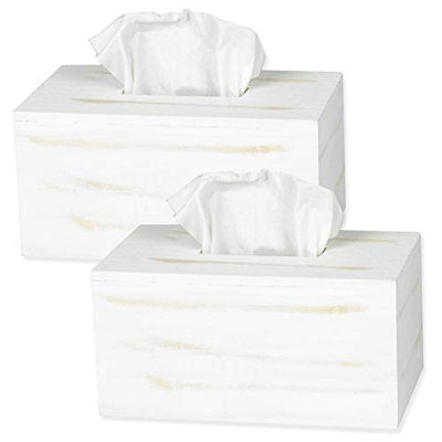 Ilyapa Wood Tissue Box Cover, 2 Pack Rectangular - Rustic Farmhouse White Wooden Tissue Holders