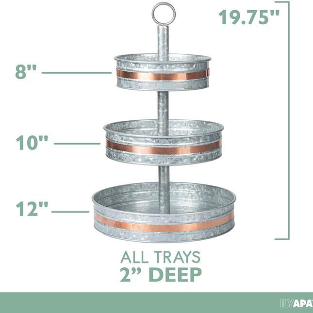 Galvanized Three Tiered Serving Stand - 3 Tier Metal Trays with Copper Trim