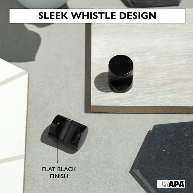 Ilyapa Flat Black Kitchen Cabinet Knobs - Minimalist Cylindrical Whistle Knob Handles - 10 Pack of Kitchen Cabinet Hardware