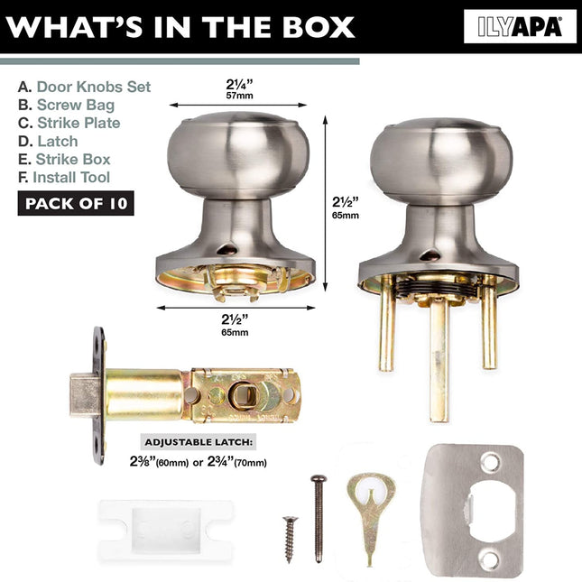 Interior Passage Door Knob - Keyless Hall and Closet Locksets - Hall and Closet - Improved Satin Nickel Finish - (10 Pack)