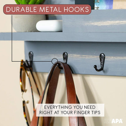 Wood Key and Mail Holder with Shelf - Rustic Gray Wooden Wall Mount Mail Organizer & Key Rack, Decorative