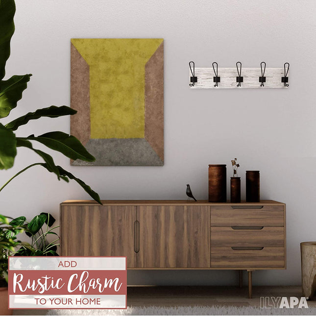 Wall Mounted Coat Rack - Rustic Wooden 5 Hook Coat Hanger Rail, White Distressed Wood, Black Metal Hooks