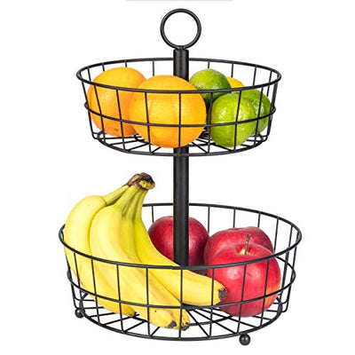 2 Tier Fruit Basket Stand - Galvanized 2 Tiered Metal Serving Tray for Fruit and Vegetable Storage