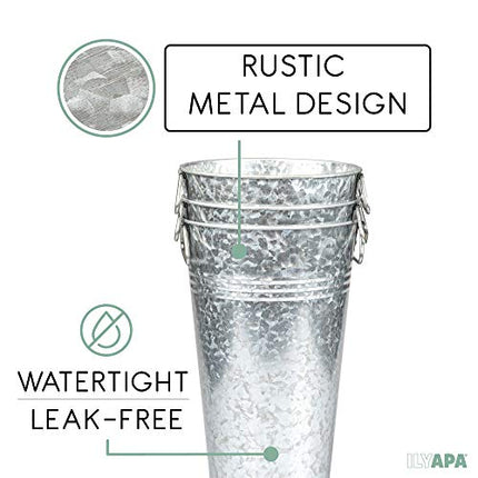 Galvanized Metal Vase 3 Pack - 13" Tall Bucket Planter Pots for Decor