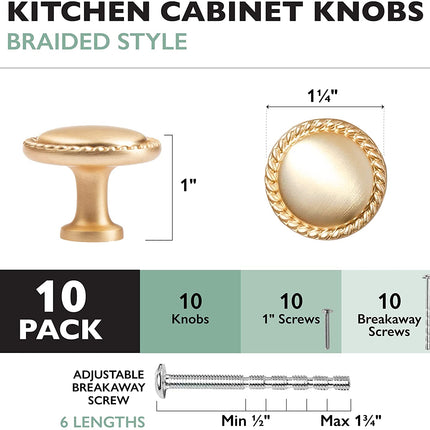 Ilyapa Brushed Gold Kitchen Cabinet Knobs - Round Braided Drawer Handles - 10 Pack of Kitchen Cabinet Hardware